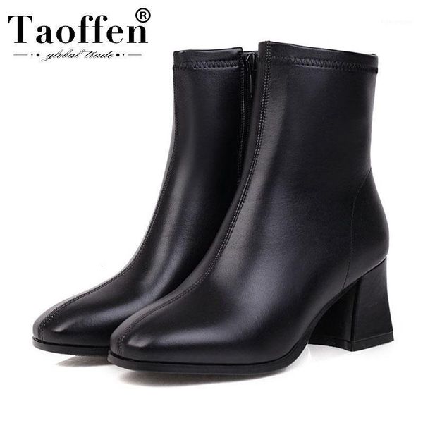 

boots taoffen 2021 women zipper ankle square heels fashion retro party shoes winter warm fur footwear size 31-431, Black