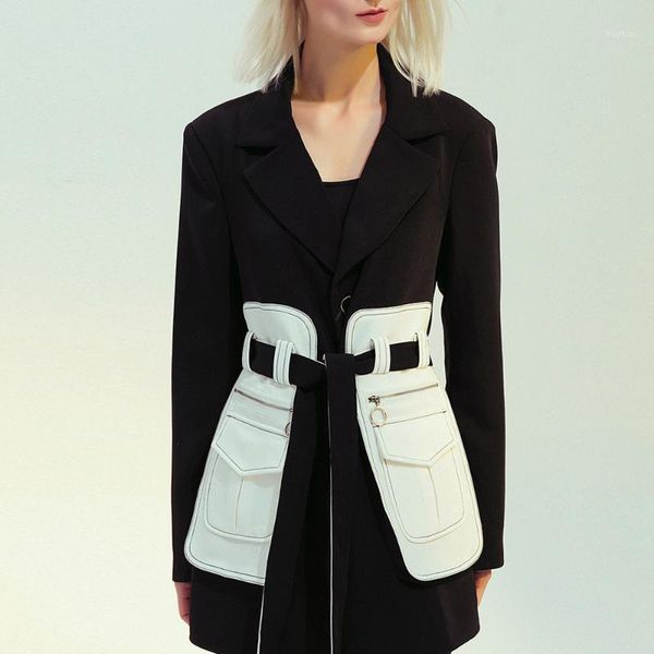 

casual blazer women new 2020 autumn winter women blazers woolen formal jackets patchwork belt outerwear office lady wild, White;black