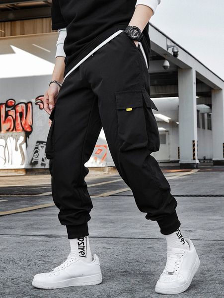 

men slant pocket cargo pants 04kr#, Black