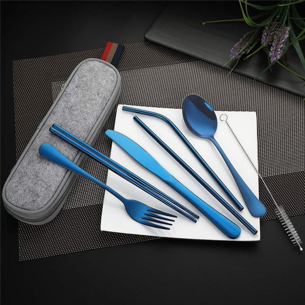 Set di posate da viaggio riutilizzabili da 20 set Set di utensili da campo con cucchiaio in acciaio inossidabile Bacchette forchetta Paglia Custodia portatile