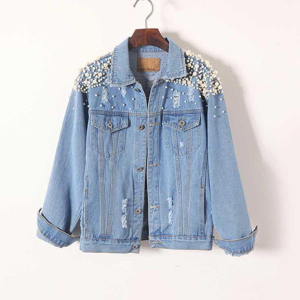 

2020 new harajuku autumn women cowboy outerwear plus size long sleeve hole denim jackets pearl beading casual female jean coat1, Black;brown