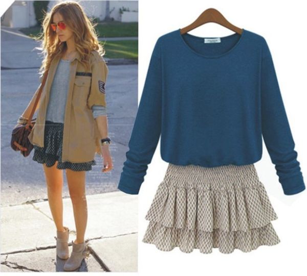 

wind contrast color splicing long sleeve large women's dress 901#, Black;gray