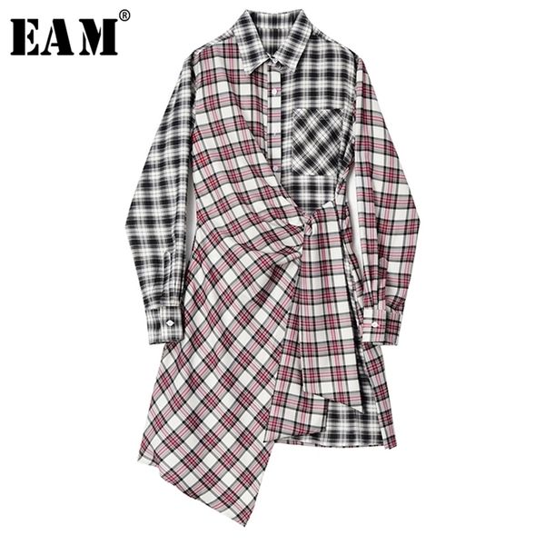 

[eam] women black red plaid asymmetrical shirt dress new lapel long sleeve loose fit fashion tide spring autumn lj200820, Black;gray