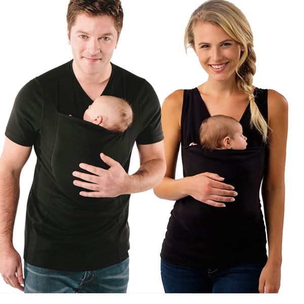 

plus size s-5xl baby carrier clothing kangaroo t-shirt for father mother with baby short-sleeve big pocket multifunction t-shirt, White