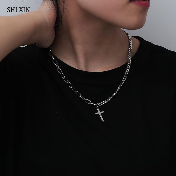 

ожерелье из нержавеющей стали shixin punk asymetry change с ожерельями с крестом pendnat для женщин / мужчин hip hop длинные цепочки chokers, Silver