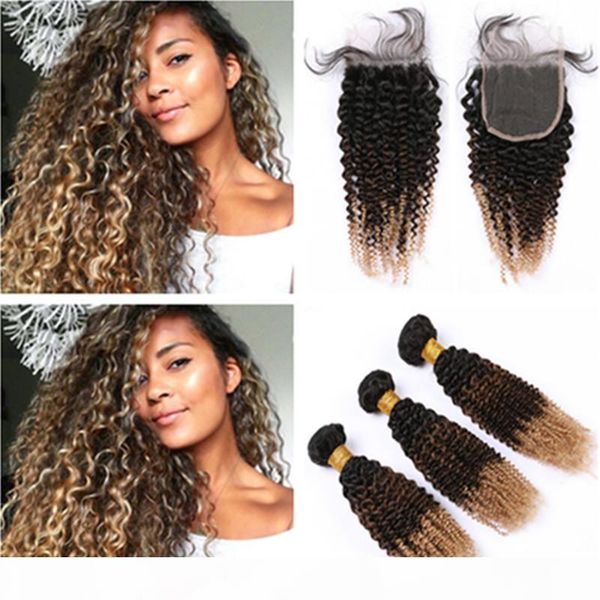 

#1b 4 27 ombre kinky curly human hair closure with bundles honey blonde 3tone ombre peruvian virgin hair weaves with lace closure, Black;brown