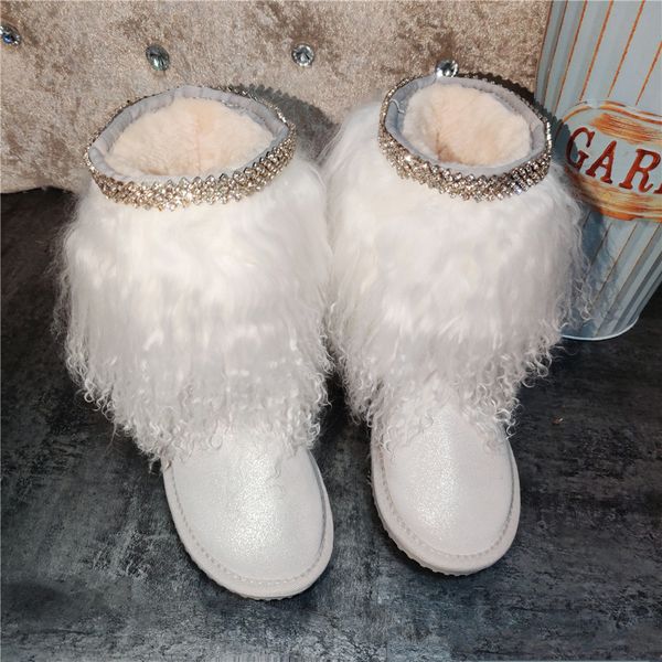 

covered snow with sheep's wool opening of white artisanal crystal bling pearl teddy leather warm ladies mid-calf boots winter r3or, Black