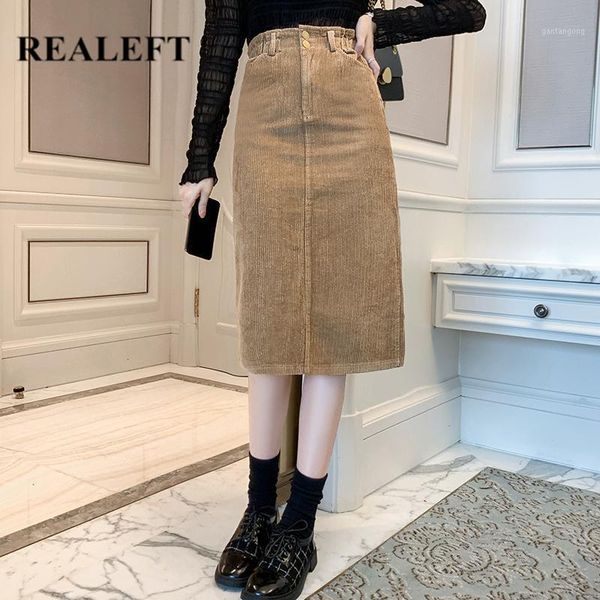 

realeft 2020 new winter corduroy women skirts fashion high waist elastic split office ladies autumn winter midi skirt female1, Black