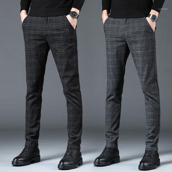 

pants men elastic classic business casual long trousers male cotton plaid straight work pant plus size 28-381, Black