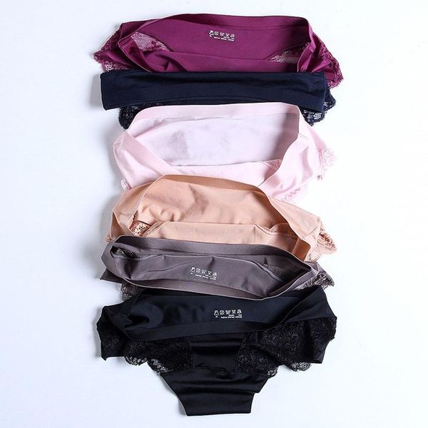 

women's panties cotton antibacterial mid waist lace underwear seamless lingerie solid women 2021 autumn winter nylon silk briefs, Black;pink