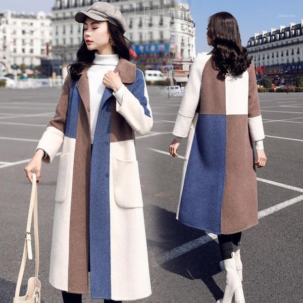 

elegant long woolen coat autumn winter plus-size wool overcoat coats female korea loose color matching women's cashmere jackets1, Black