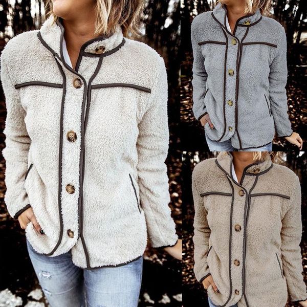 

2020 women winter coatsfashion long sleeve up faux shearling shaggy coat jacket pockets loose and thick women's outerwear, Black;red