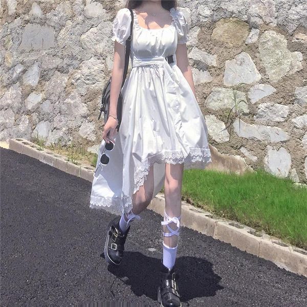 

korean elegant women dress square collar vintage puff sleeve irregular dress high waist a-line sweet lace splice japanese dress, Black;gray