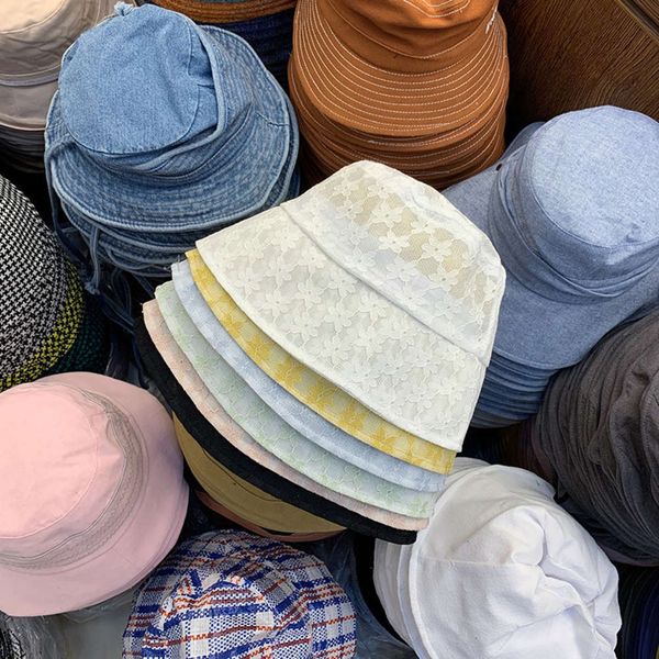 

flower decoration soft lace girl fresh bucket hat, Blue;gray