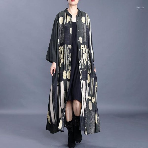 

johnature spring vintage print floral women trench button casual coats 2020 new long sleeve loose soft trench coats1, Tan;black