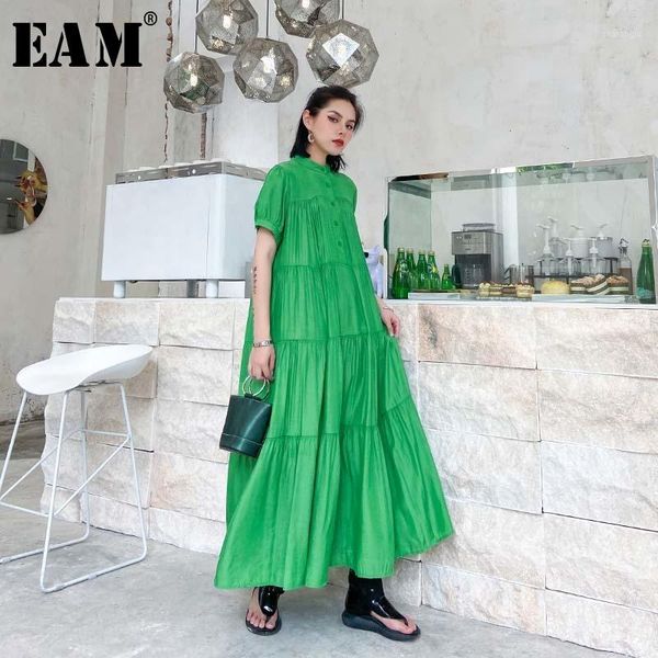 

eam] women green pleated long big size dress new stand collar short sleeve loose fit fashion tide spring summer 2020 1w2121, Black;gray
