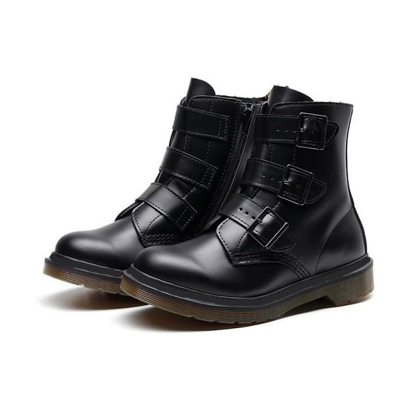 

new arrival three buckle real leather winter shoes heavy duty motorcycle ankle booties women designer boots big size 35-41, Black