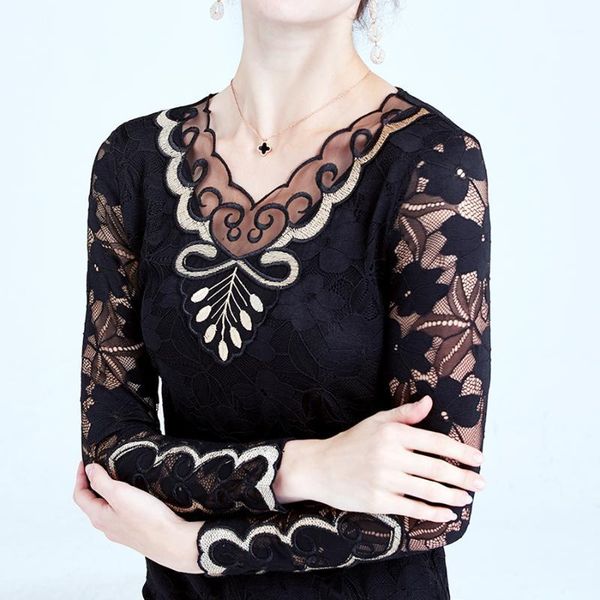 

spring lace tshirt women 2020 new long sleeve t shirt women mesh shirt embroidery plus size t mesh korean clothes1, White