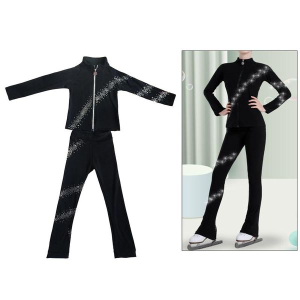

running sets girls children figure skating suit outfit ice jacket pants set crystal skiing training, Black;blue