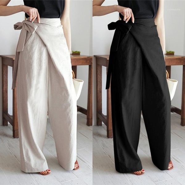 

casual cotton linen women high waist wide leg pants summer autumn office band loose palazzo trousers female black white pants1