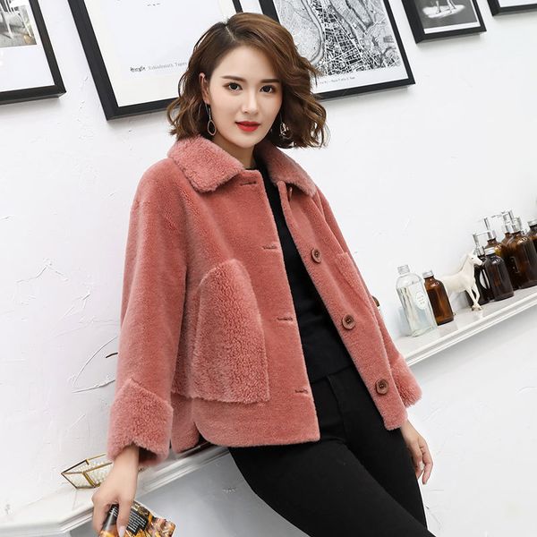 

real fur sheepskin coat women winter genuine wool coats female turndown collar winter warm sheep shearing jacket outercoat lj201201, Black