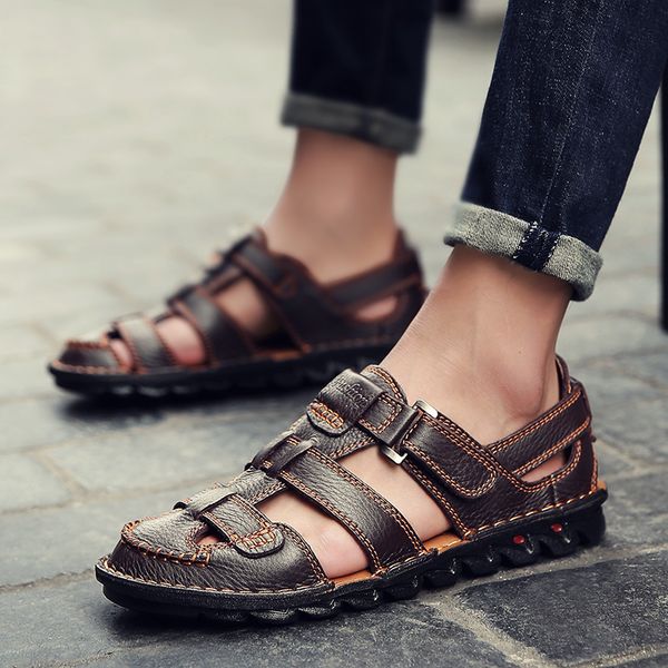 

2019 comfortable handmade men sandals genuine leather soft summer men's shoes retro sewing casual beach shoes big size 38-48 t200420, Black