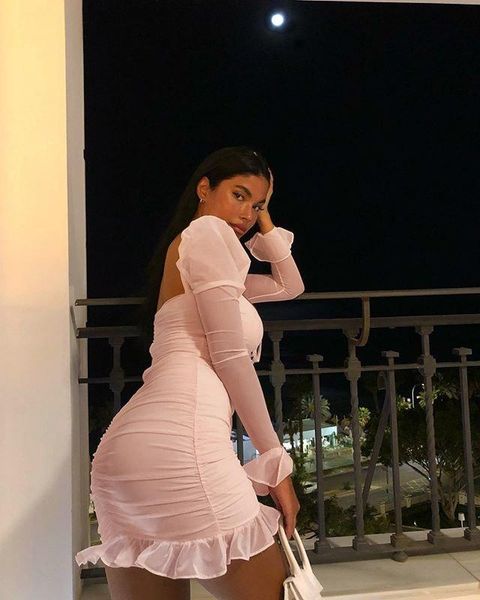 

2021 new women nude pink lace square collar long sleeve mini vestidos celebrity evening party bandage fashion dress wholesale, Black;gray