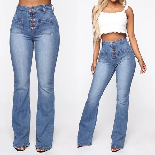 

autumn / winter 2020 mid waist pocket button up fashion new women's jeans show thin denim pants women, Blue