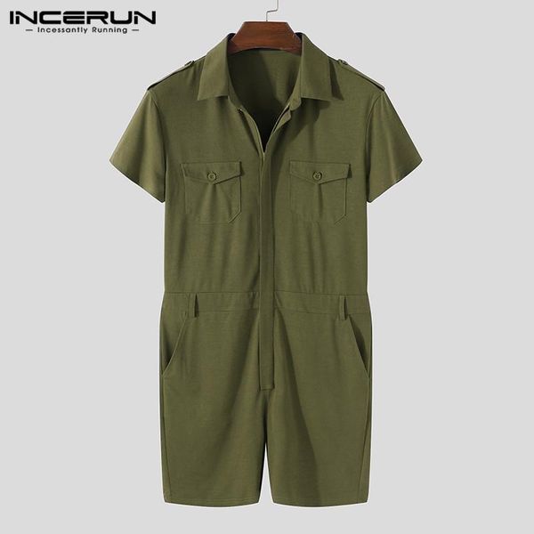 

man pockets cargo overalls incerun men jumpsuits leisure solid color rompers short sleeve lapel neck zipper shorts joggers, White;black