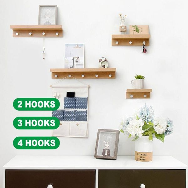 

2/3/4 hooks bamboo storage rack wall hook key hanger hooks home storage shelf for flower pot artwork holder