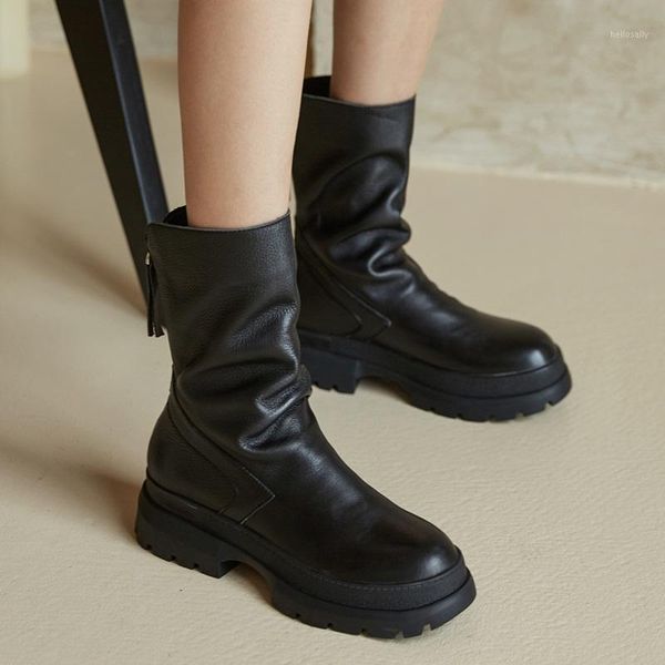 

new 2021 fashion genuine leather ankle boots for women square med heels round toe zipper black beige shoes woman short boots 401