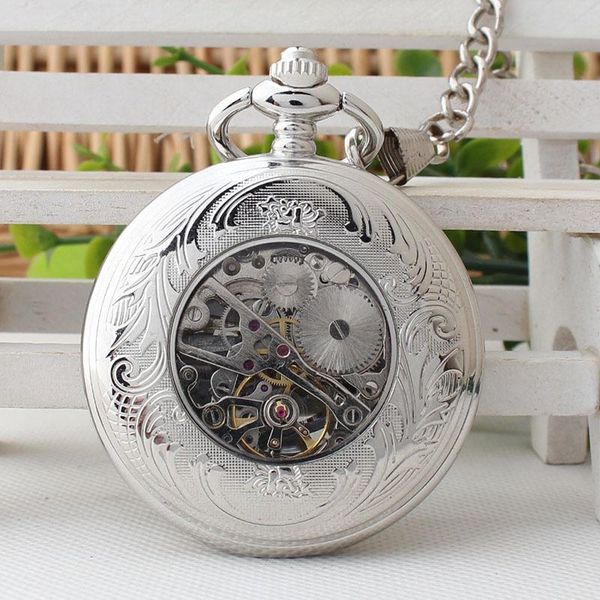 

стимпанк серебро механические карманные часы мужские винтажные скелетные циферблаты ретро ожерелье карманные часы fob с цепочкой xmas подаро, Slivery;golden