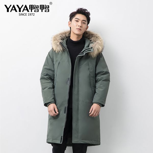 

yaya men's duck down whife real raccoon меховой воротник с капюшоном пальто зима длинная свободная повседневная варева ветрозащитный теплый, Black