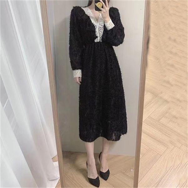 

2021 new fancy feminine thin solids see through the hollow out mid-long to-line slobbering dressed korean style dress in spring wear 2tb9, Black;gray