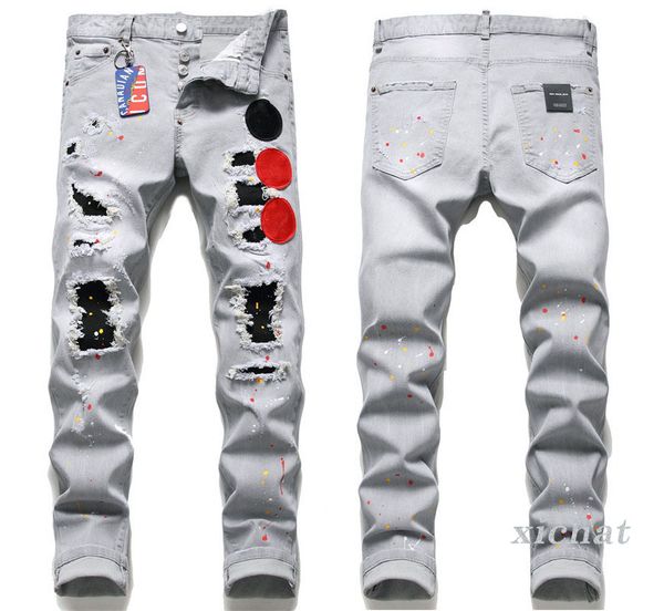 

men slim fit big size jeans men's paint hole style destroyed skinny straight leg washed luxury casual regular denim pants trousers 1010, Black