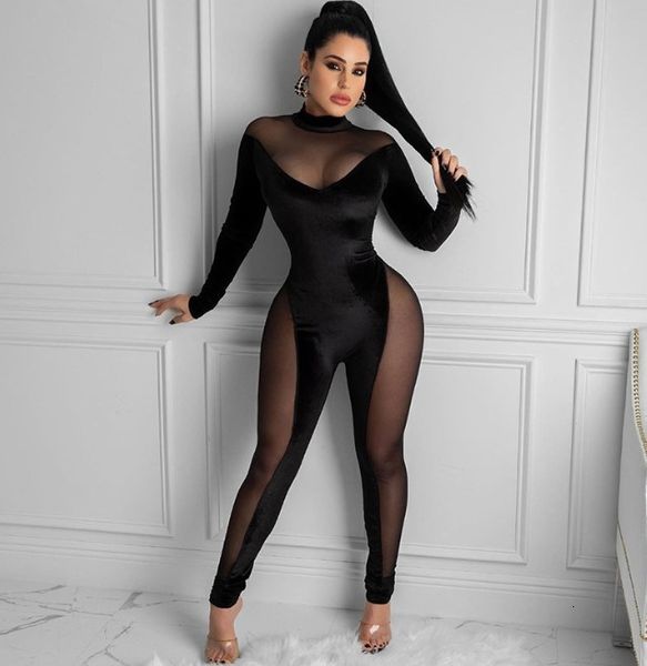 

da2129 2020 stitching mesh see-through long-sleeved jumpsuit, White;black