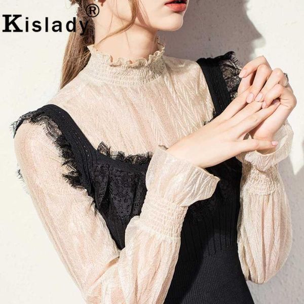 

women's blouses & shirts kislady 2021 spring summer vintage elegant retro clothes flare sleeve fairy women and plus size transparent s, White