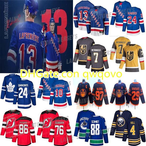 

new york rangers 13 alexis lafreniere 24 kaapo kakko 10 panarin toronto maple leafs 97 joe thornton devils 86 jack hughes hockey jerseys, Black;red