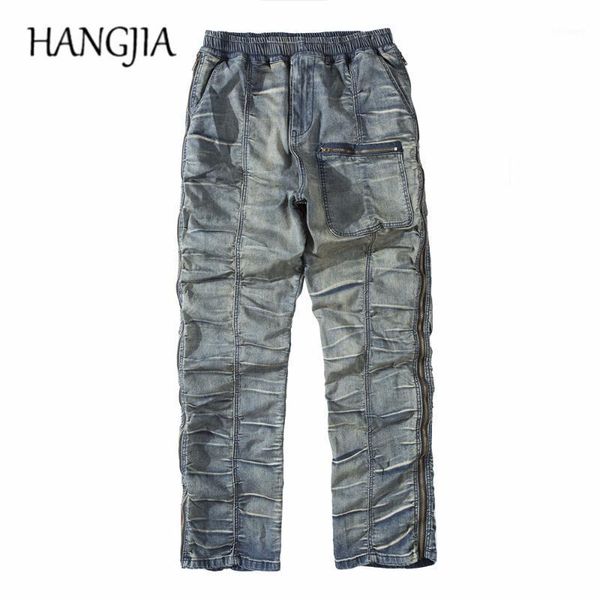 

men's jeans vintage distressed pleated swag streetwear slim fit biker men hip hop double side zipper denim pant for men1, Blue