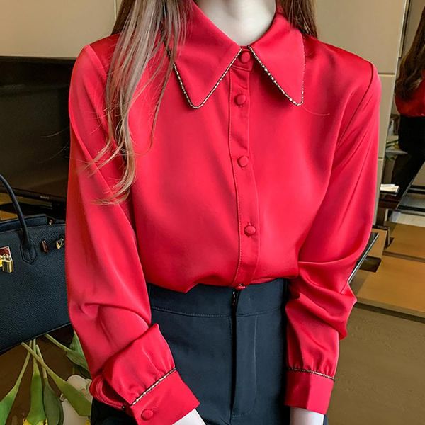 

shintimes red long sleeve shirt women casual apricot chiffon blouse button woman clothes 2021 fall womens chemisier femme, White