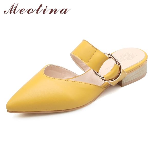 

meotina women mules shoes spring high heels buckle chunky heels shoes casual pointed toe shoes female white plus size 33-46 lj200928, Black
