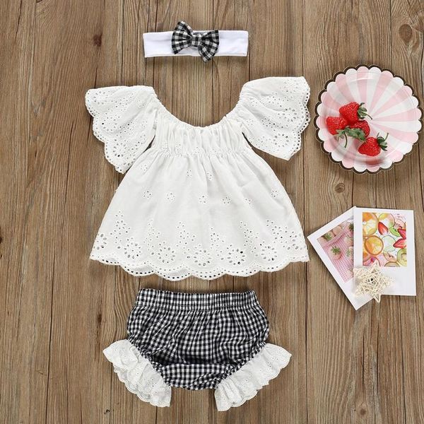 

fashion girls clothes set summer cotton solid short flying sleeve lace ruffled splicing plaid printing shorts headdress, White