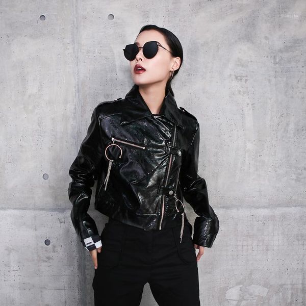 

leather jacket women autumn new rock style sharp bright metal chains stitching high waist was thin handsome short coat f8671, Black