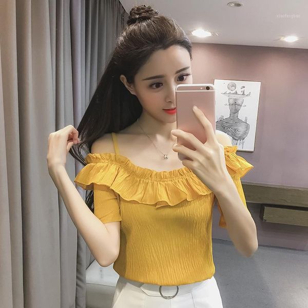 

slash neck off shoulder chiffon ruffles blouse women summer short sleeve shirts lady casual sweet blouse1, White