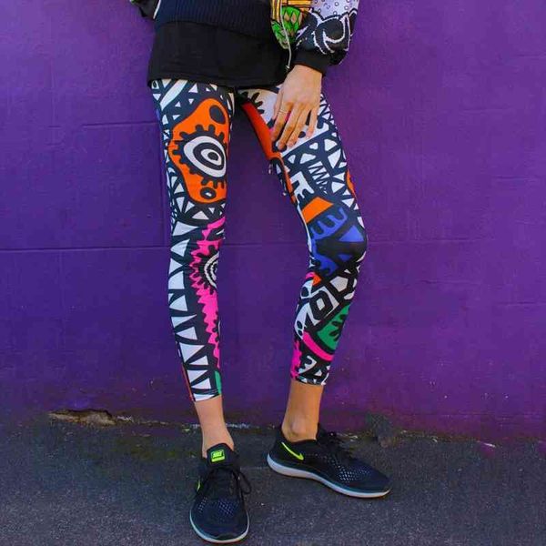 

graffiti design fitness women workout leggings fashion funny eyes print elastic push up ankle leggings long pants, Black