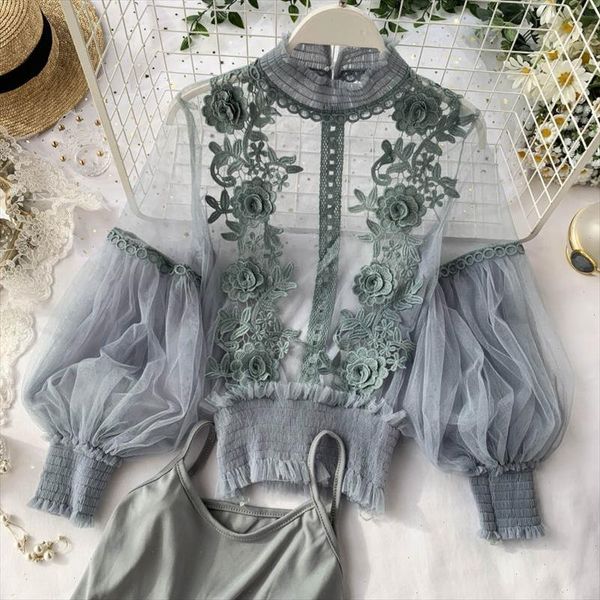 

2021 autumn women fashion sheer lace blouse lantern sleeve 3d floral blouses shirts elegant blusas femininas, White