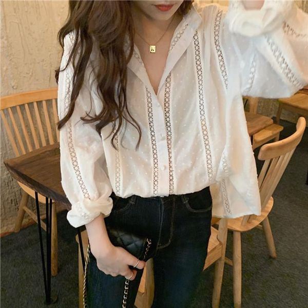 

qooth белая блузка цветочные вышивки выдалбливают с длинным рукавом рубашки корейский сними вскользь сексуальный элегантный tops весна 2020, White