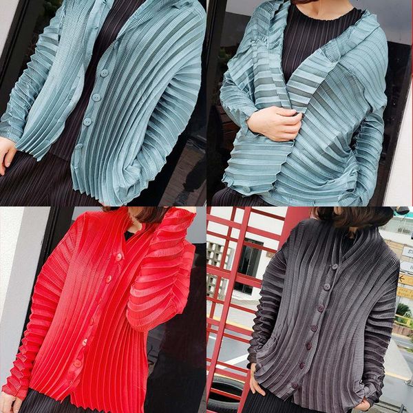 

women's folded women's wear v-collar long-sleeved urban leisure miyake pleats jacket, Black;brown