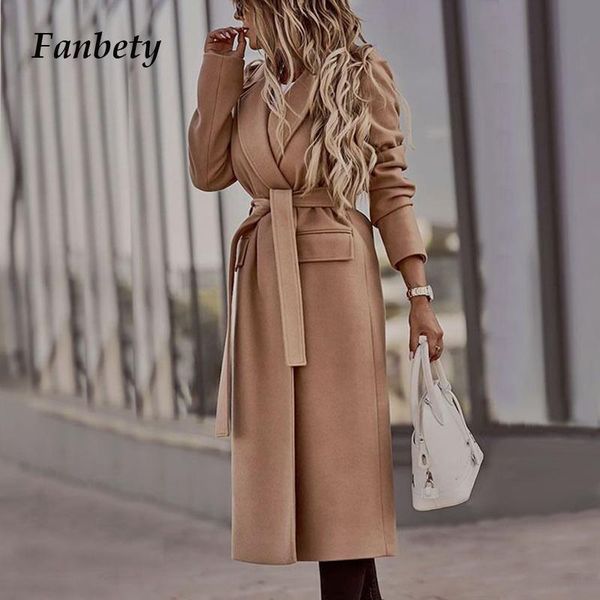

2020 winter elegnat solid turn-collar bandage long coats women fashion casual pocket overcoats ladies warm vintage wool cardigan, Black