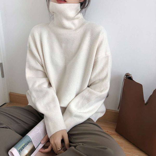 

high neck sweater for women's 2020 new loose style, solid color, autumn winter long sleeve and knitted bottom coat, White;black